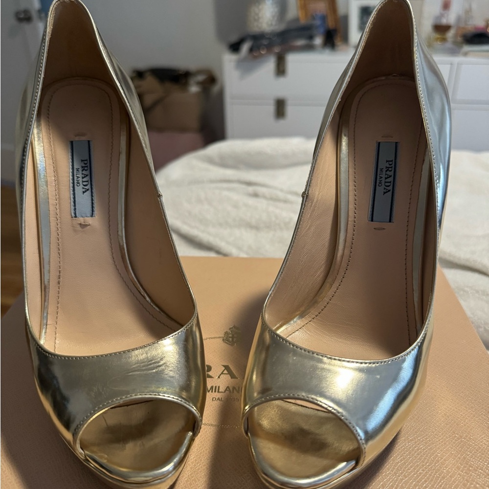 Prada Gold Metallic Platform Pumps